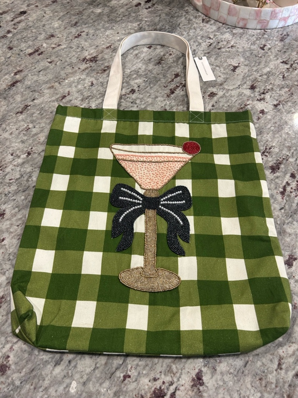 Anthropologie Green and Cream Gingham Tote with Beaded Martini